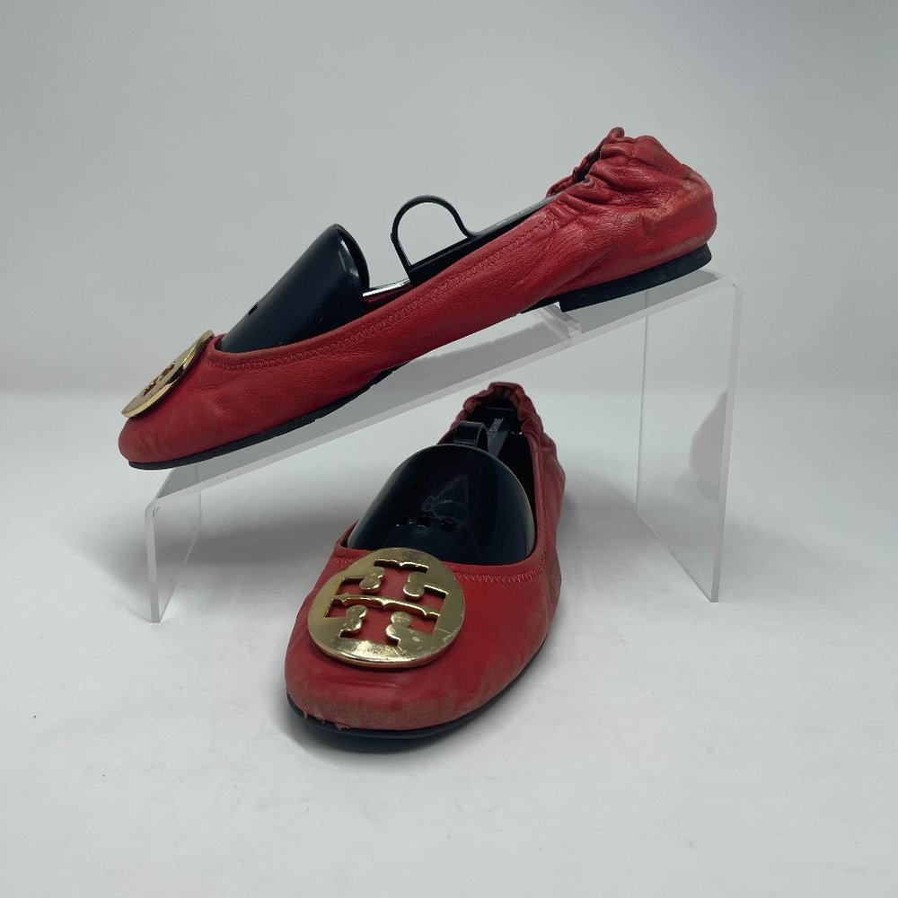 Tory Burch Red Leather Scrunch Ballet Flats Size 6.5